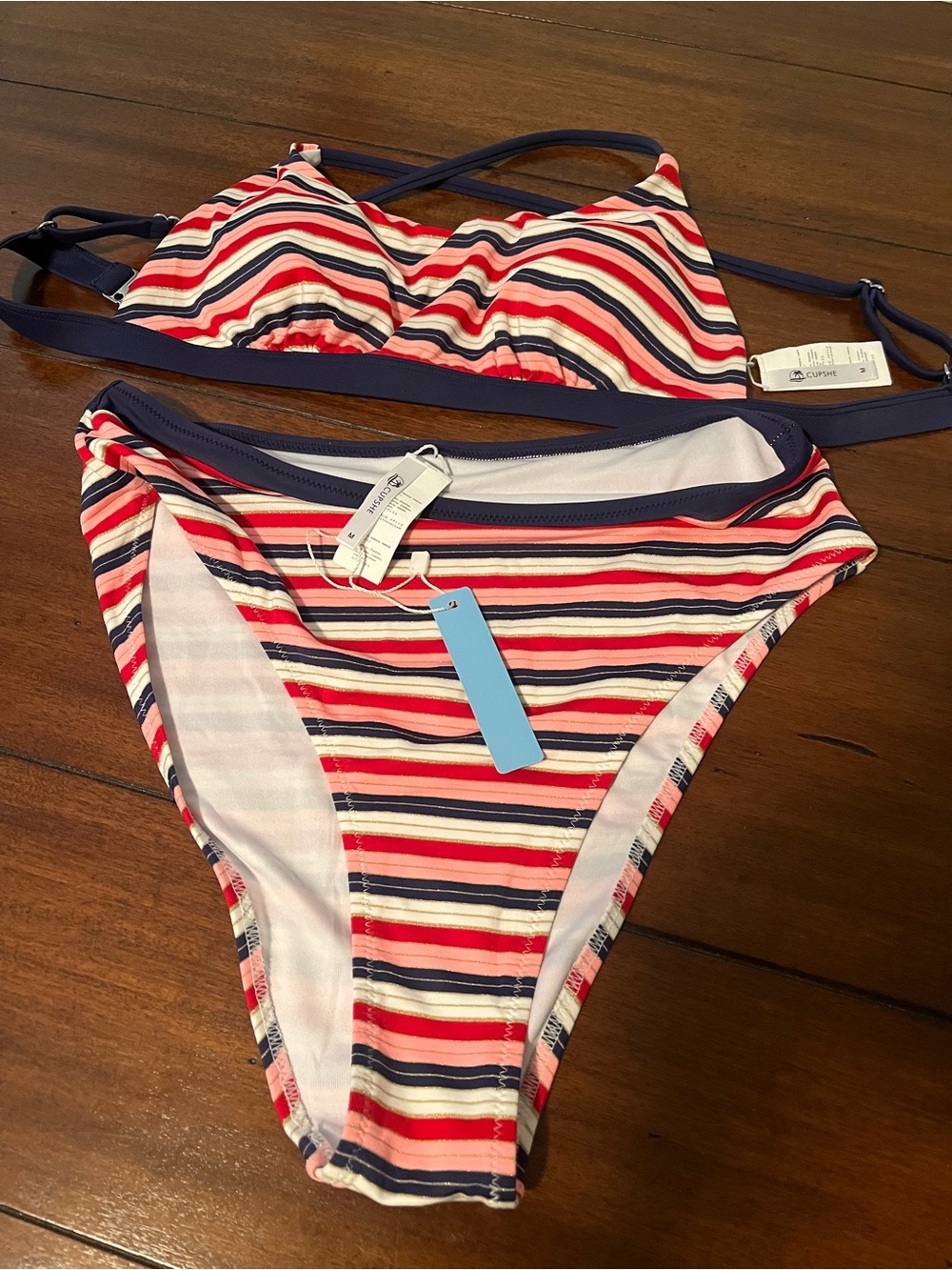 Cupshe Red White Navy Striped Bikini Set